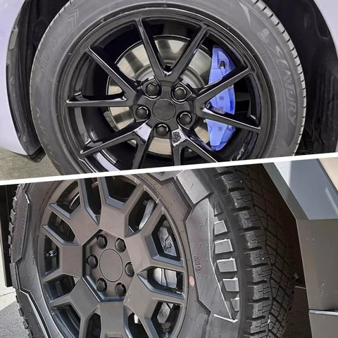Top view of Tesla wheel with Matte Black 24 Piece Wheel Lug Nut Covers Set For Cybertruck Model Y Model 3 21mm inner hex