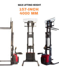 Industrial Grade Electric Straddle Stacker Rated For 3300 Lb Capacity With 157 Inch Lift showing max lift height and design features.