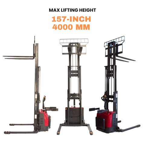 Industrial Grade Electric Straddle Stacker Rated For 3300 Lb Capacity With 157 Inch Lift showing max lift height and design features.