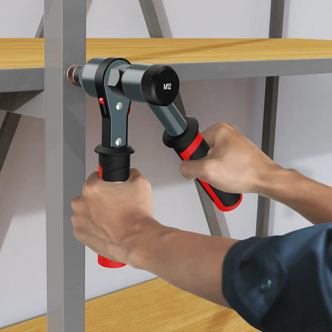 Rivet Nut Tool Kit With Ratcheting Mechanism And Quick Change Mandrels For Fast Installations in use on metal assembly