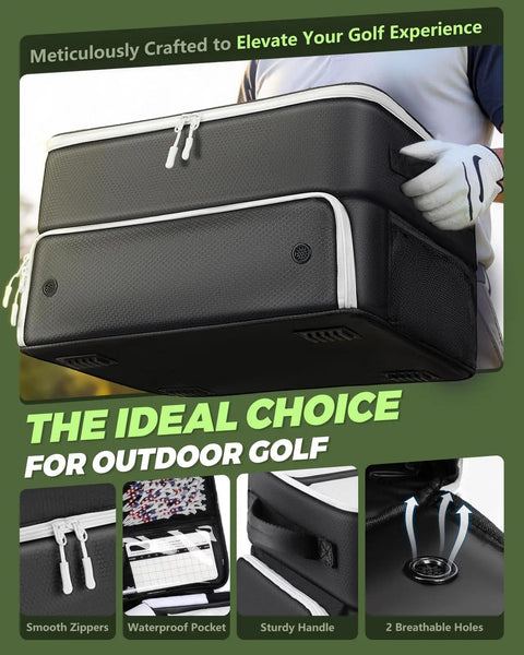 Person carrying Durable Golf Trunk Organizer For Cars, spacious gear storage with water repellent exterior and stain proof liner.