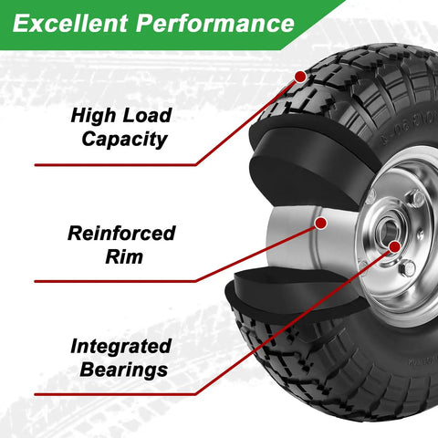10 Inch Heavy Duty Solid Flat Free Tire And Wheel Set For Carts And Hand Trucks, cross-section showing rim and bearings.