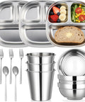 Heavy Hitter 15 Piece Stainless Steel Kids Dinnerware Set With Three Compartment Plates And Spill Proof Cups Bowls Plus Fork Spoon Combo For Toddlers Seeking Zero Stress Mealtimes And Sick Durability featuring plates, bowls, and utensils.