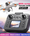 Beginner Friendly RC Drone With Screen Remote And Dual 720P Cameras, showing remote with built-in display flying outdoors.