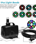 LED Pond Pump With Fountain Kit 45W Submersible Water Pump 792 GPH 3000 L/H, pump and multicolor LED, power cord dimensions shown