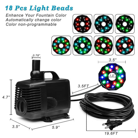LED Pond Pump With Fountain Kit 45W Submersible Water Pump 792 GPH 3000 L/H, pump and multicolor LED, power cord dimensions shown