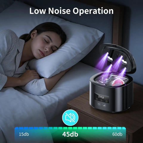 Heavy Duty 50kHz Ultrasonic Cleaner For Retainers Braces Aligners Night Guards And More With Four UV Lamps 340ml Rechargeable Denture Cleaner in bedroom