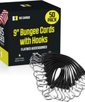 50 Pack Tarp Straps For Flatbed Trailers 9 Inch Long Natural Rubber Bungee Tie Downs With Metal S Hooks displayed with box