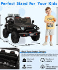 Dimensions of 24V Two Seater Kids Ride On Car With Remote Control Four Wheel Drive 800W Motor Three Speed Settings For Ages Three And Up Built In Music Player Easy Assembly Extending Footwell For Growing Kiddos Black