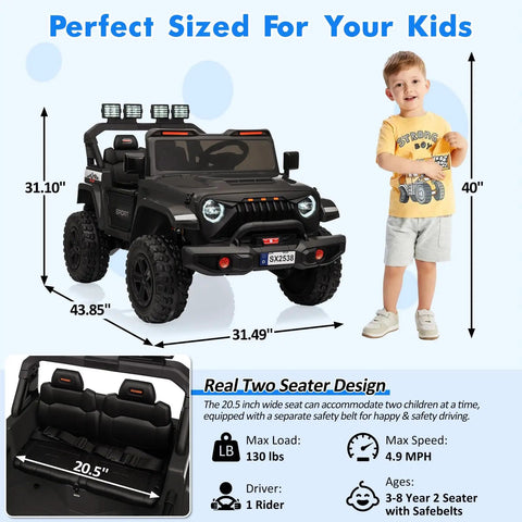 Dimensions of 24V Two Seater Kids Ride On Car With Remote Control Four Wheel Drive 800W Motor Three Speed Settings For Ages Three And Up Built In Music Player Easy Assembly Extending Footwell For Growing Kiddos Black