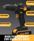 20V Cordless Drill Kit With 2 Batteries And Charger For DIY Home Improvement, Three Eighth Inch Chuck, 24 Torque Settings, Dual Speed