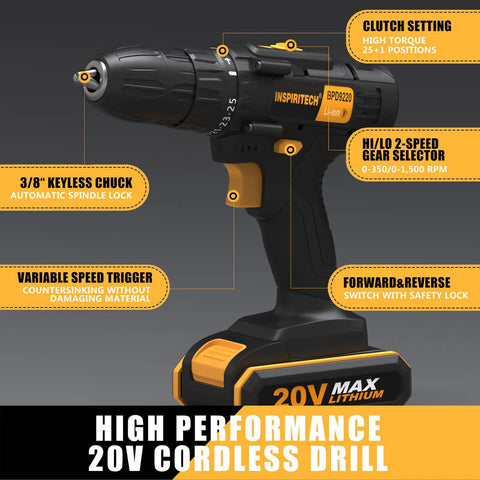 20V Cordless Drill Kit With 2 Batteries And Charger For DIY Home Improvement, Three Eighth Inch Chuck, 24 Torque Settings, Dual Speed