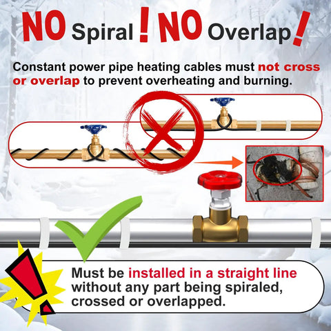 Diagram showing installation instructions for water pipe heat tape with warnings against spiraling and overlapping, CSA/ETL certified.