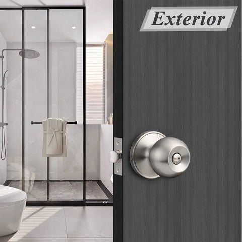 Privacy Interior Door Knobs And Bed Bath Levers No Key Needed Brushed Nickel Lockset shown on wooden door near bathroom