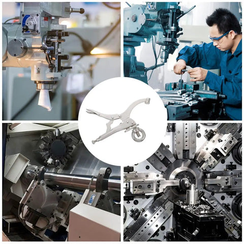 Heavy Duty Drill Press Clamp For Woodworking And Welding Jobs, Carbon Steel Vise Hold Down Fixture With Silver Finish, securing materials in machine shop.