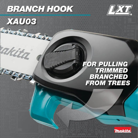 18V LXT Brushless Cordless Extendable Pole Saw With 14 Ft Reach, close-up of branch hook for pulling trimmed branches