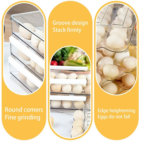 Clear Plastic Egg Holder For Refrigerator With Auto Rolling Design, Stackable 3 Drawer Egg Storage Box, 54 Egg Capacity, BPA Free