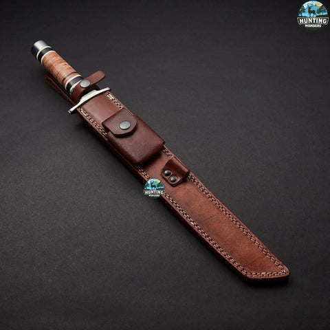Hand Forged Short Sword With Sharp Tanto Blade, displayed in a brown leather sheath.