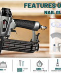 Top Shelf 18 Gauge Brad Nailer Pneumatic Nail Gun Complete Carpenter Kit showcasing tool, features, and accessories against blurred background.