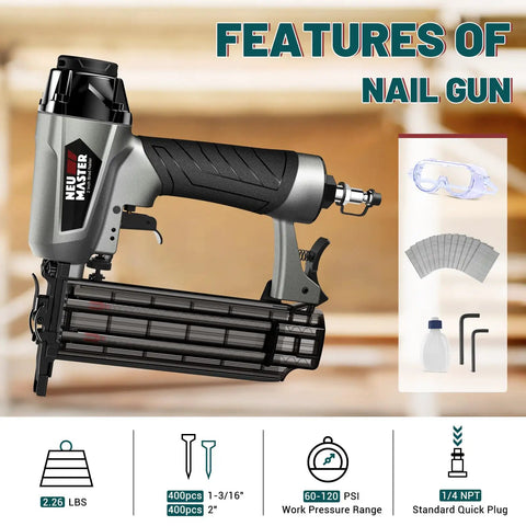Top Shelf 18 Gauge Brad Nailer Pneumatic Nail Gun Complete Carpenter Kit showcasing tool, features, and accessories against blurred background.