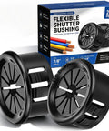 250 Pack Flexible Shutter Bushings Nylon Wire Grommets For Tight Cable Control With No Sweat Setup And Slick Cord Routing On Half Inch Electrical Boxes Plus Conduit Panels displayed with box and two bushings.