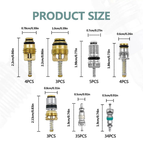 102 Piece Auto AC Valve Core Kit With Aluminum And Brass Cores For R12 R134a Leaks detailed size and quantity specifications.