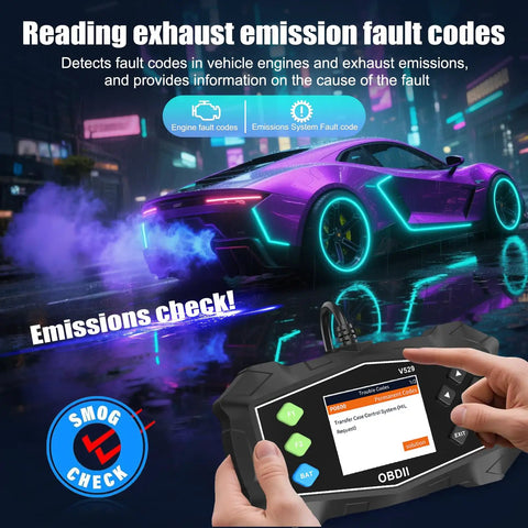 OBD2 Diagnostic Tool And Code Reader For All OBDII Cars 1996 And Up, Real Time Data display with sports car emitting smoke