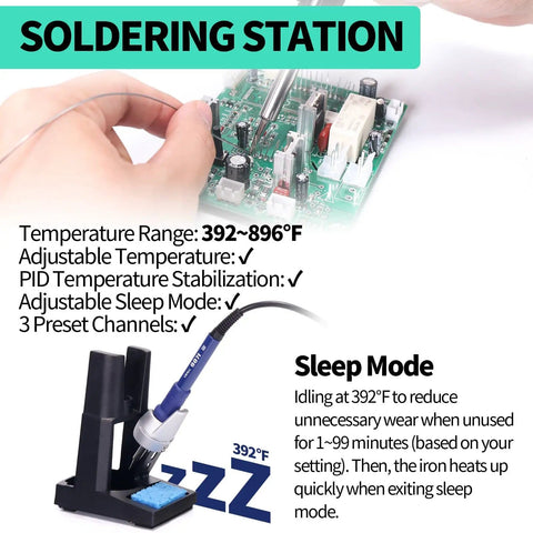 Three In One Hot Air Rework Soldering Station With DC Power Supply 30V 5A PID Temperature Control in use on circuit board