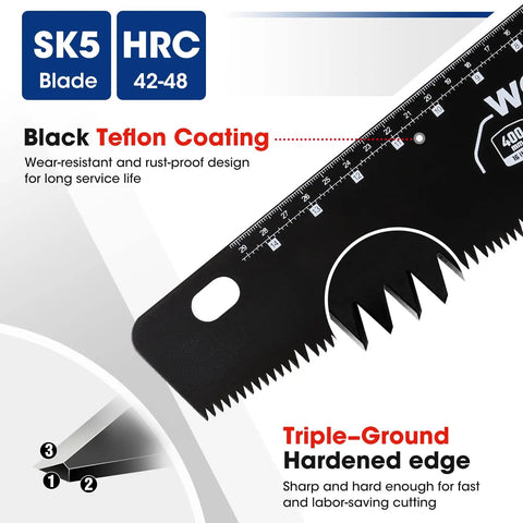 Close-up of 16 Inch Universal Handsaw With Non Slip Ergonomic Handle Anti Rust SK5 Steel Blade With Black Teflon Coating