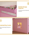 Pink twin size low loft bed with bedside storage organizer and under-bed play curtain, 7 storage drawers, bookcase, and LED lights.