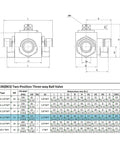KHB3K two-position three-way ball valve diagram; 1/2 in NPT female hydraulic valve, front and side views.