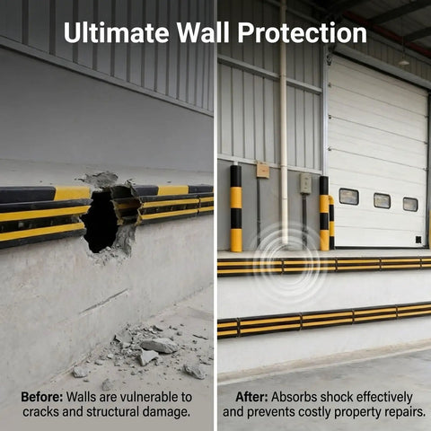 Before and after showing Heavy Duty Rubber Wall Bumper Guards 5 Pack Impact Resistant Loading Dock And Warehouse Safety Shields.
