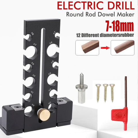 Heavy Duty Adjustable Wood Dowel Maker Jig Kit With Dual Aluminum Blades For Electric Drills showing adjustable hole sizes 7-18mm.