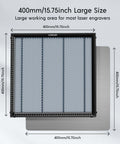 Front view of Longer honeycomb laser bed 400x400 mm with black frame and metal honeycomb surface.