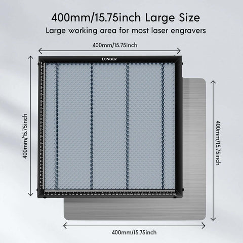 Front view of Longer honeycomb laser bed 400x400 mm with black frame and metal honeycomb surface.