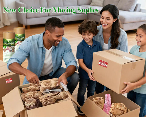 Family using Green Eco Friendly Honeycomb Packing Paper Cushioning Wrap 12 Inch By 200 Ft Kraft Paper Biodegradable And Recyclable For Moving.