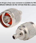 Close-up of 10 Pack N Male Crimp Connector For RG8X LMR240 CNT240 KMR240 Mini8 4D FB Belden 9258 with textured grip