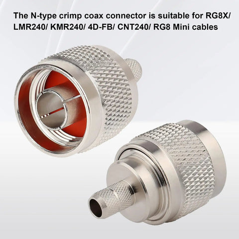 Close-up of 10 Pack N Male Crimp Connector For RG8X LMR240 CNT240 KMR240 Mini8 4D FB Belden 9258 with textured grip