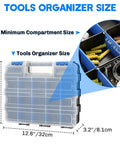 34 Compartment Double Sided Parts Organizer Box With Removable Dividers Durable Blue Storage Case For Screws Nuts Bolts Nails Beads And Small Hardware Perfect for DIYers and Hobbyists shown with open compartments and size dimensions.