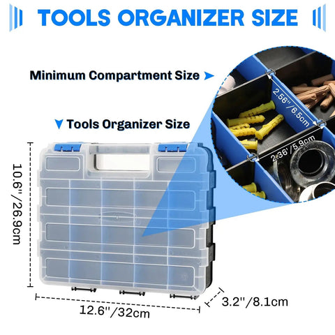 34 Compartment Double Sided Parts Organizer Box With Removable Dividers Durable Blue Storage Case For Screws Nuts Bolts Nails Beads And Small Hardware Perfect for DIYers and Hobbyists shown with open compartments and size dimensions.