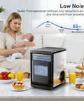 Quiet Nugget Ice Maker For Countertop With 44 Lb Daily Capacity, woman with baby in background, orange juice and snacks on table