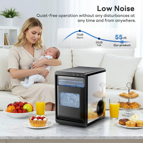 Quiet Nugget Ice Maker For Countertop With 44 Lb Daily Capacity, woman with baby in background, orange juice and snacks on table