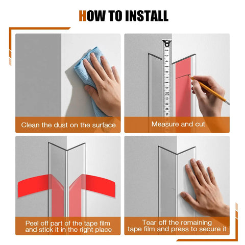 Clear Crystal Pvc Wall Corner Protectors 4 Pack Impact Resistant Corner Guards installation steps showing cleaning, measuring, and applying.