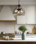 Industrial Farmhouse 17 Inch 3 Light Pendant Chandelier With Cage Shade Convertible Semi Flush Ceiling Light In Rustic Cedar Wood And Coarse Black Finish With Bold Vibe over kitchen island