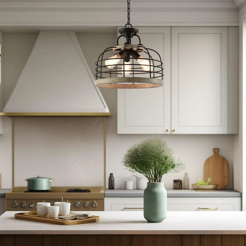Industrial Farmhouse 17 Inch 3 Light Pendant Chandelier With Cage Shade Convertible Semi Flush Ceiling Light In Rustic Cedar Wood And Coarse Black Finish With Bold Vibe over kitchen island