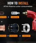 24 Piece IPT40 S45 Plasma Cutter Torch Consumable Kit with electrode, swirl ring, tips, shield cap, and stand off installation guide.