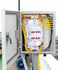 Beefy Heavy Duty Outdoor Electrical Box With Lock And Keys Rugged Fiberglass Reinforced Polyester And Steel Construction 12x10x6 Inch Weatherproof Junction Box For Industrial Mall And Residential Use, viewed with open door showing internal wiring.