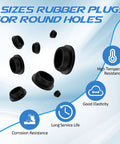 Super Tough 135 Pc Silicone Rubber Plug Kit With Eight Killer Sizes For DIY Repairs, Dust Proof Sealing And Fancy Garage Gasket Fixes That Keep Your Gear Clean And Looking Totally Fresh Any Time. Black silicone rubber plugs in 8 sizes for round holes, shown for sealing and dust protection.