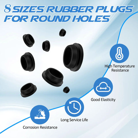 Super Tough 135 Pc Silicone Rubber Plug Kit With Eight Killer Sizes For DIY Repairs, Dust Proof Sealing And Fancy Garage Gasket Fixes That Keep Your Gear Clean And Looking Totally Fresh Any Time. Black silicone rubber plugs in 8 sizes for round holes, shown for sealing and dust protection.