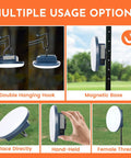 Lit 12000mAh Camping Lights 2 Pack With 42W Rechargeable Tent Lanterns showing multiple usage options including hooks and magnetic base.
